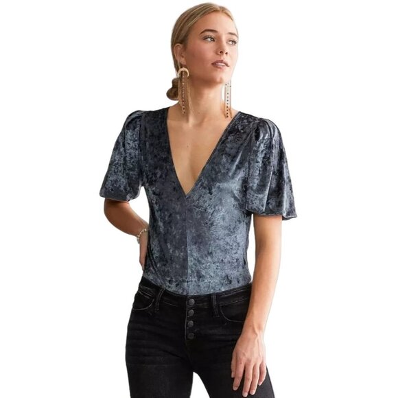 Free People Don't You Wish Velvet Bodysuit Size XS V-neck Gray Blue New - Picture 8 of 12
